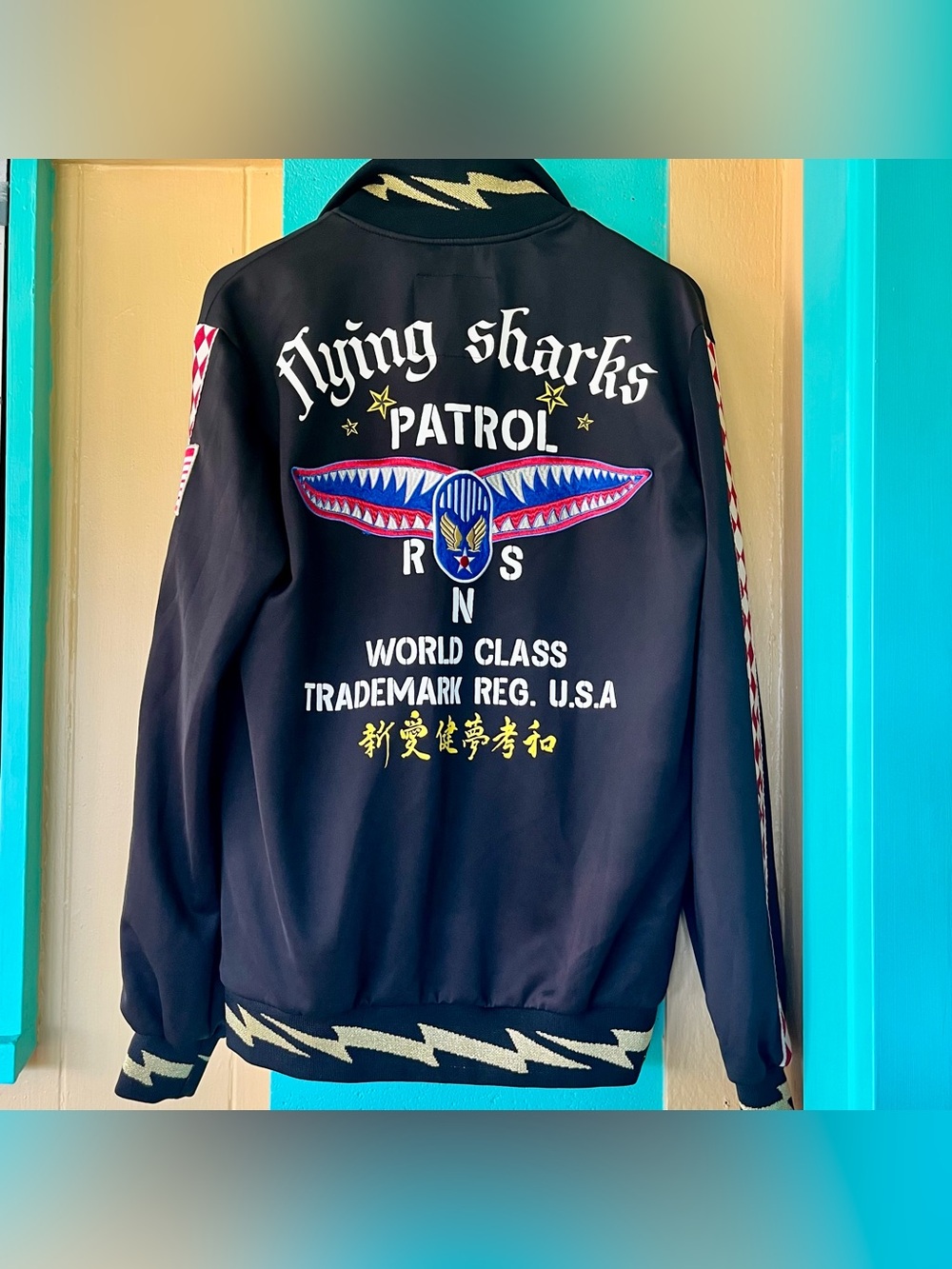 Reason Flying Sharks Patrol Embroidered Black Bomber Jacket Military | Size M